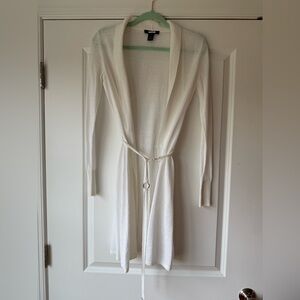 White House Black Market Elegant White Belted Women's Long Sweater, Size XS